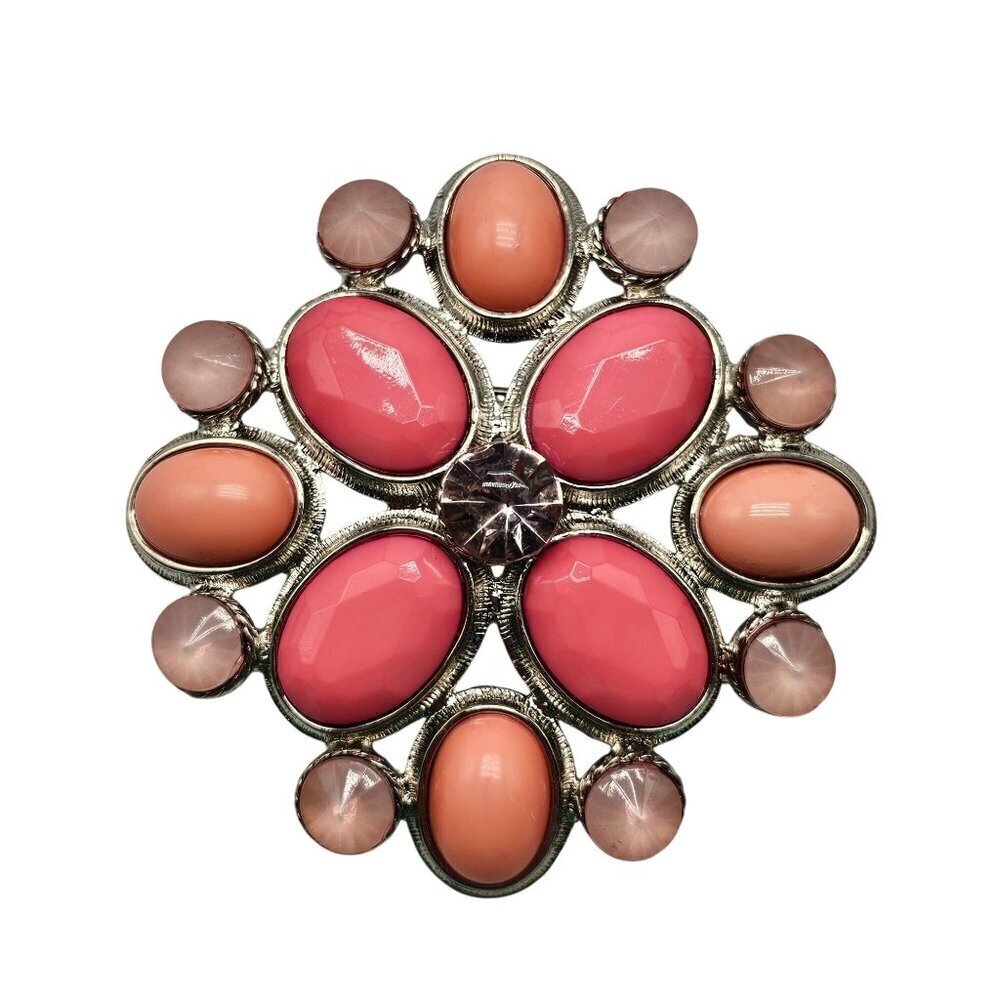 Vintage Pink Peach Floral Medallion Brooch Pin With Rhinestone Accents